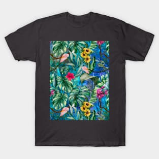 Cute tropical floral leaves botanical illustration, tropical plants,leaves and flowers, blue turquoise leaves pattern Over a T-Shirt